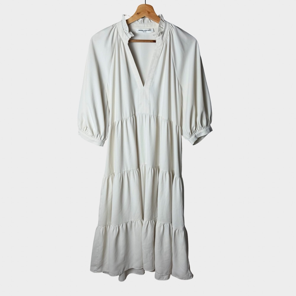 Amanda Uprichard Ivory Tiered Midi Dress Ruffle Neck Size S Coastal Minimalist - Picture 12 of 12